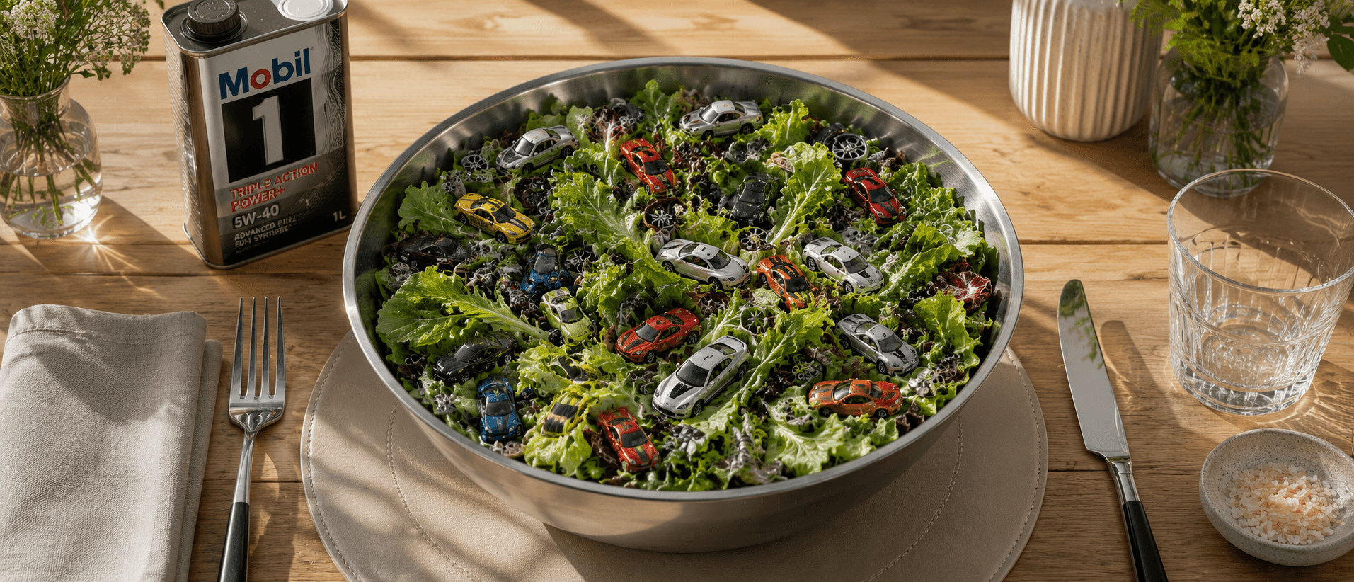 Una ciotola di insalata con modellini di automobili